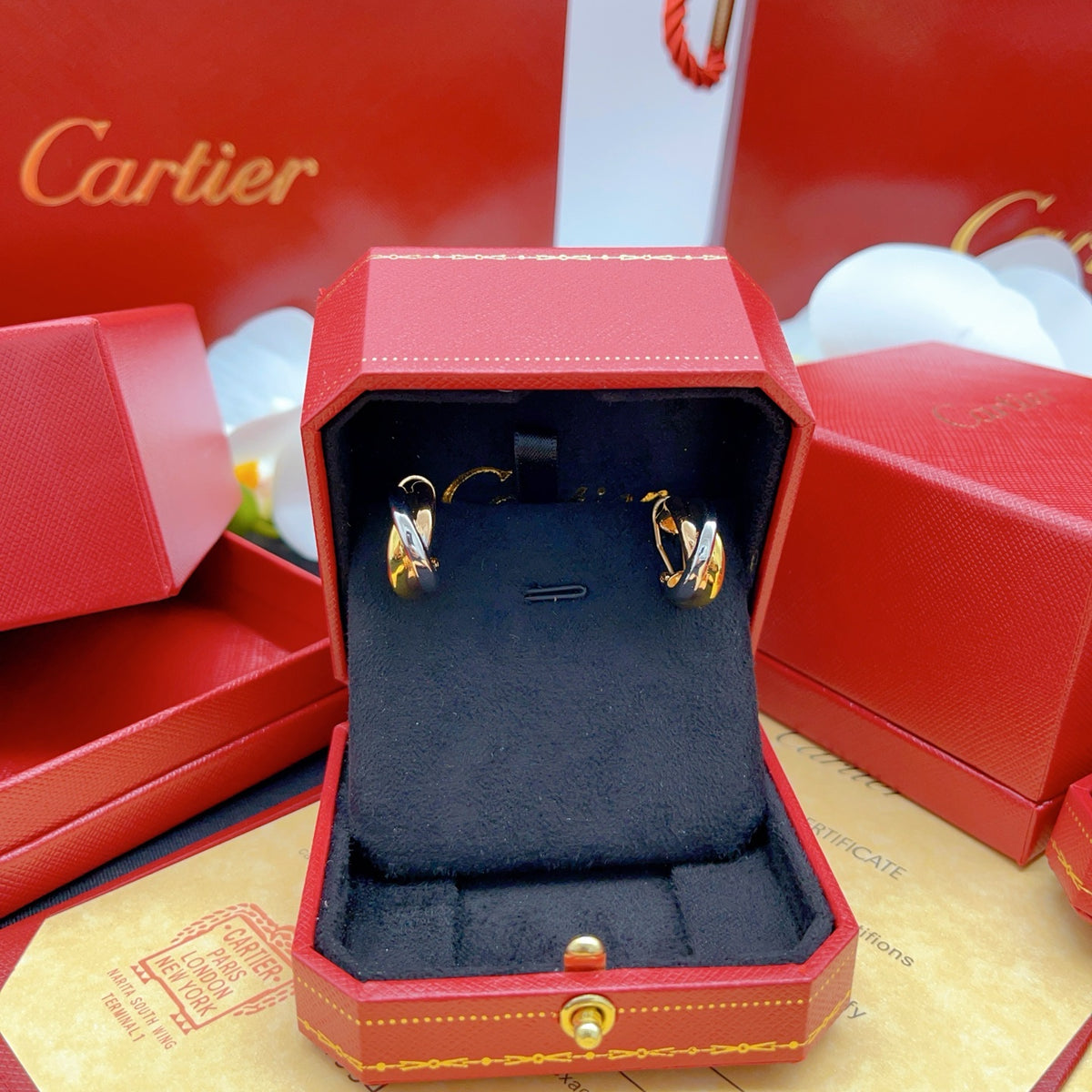 tricolor brass floral Stud Earrings for women - alternate angle view 4