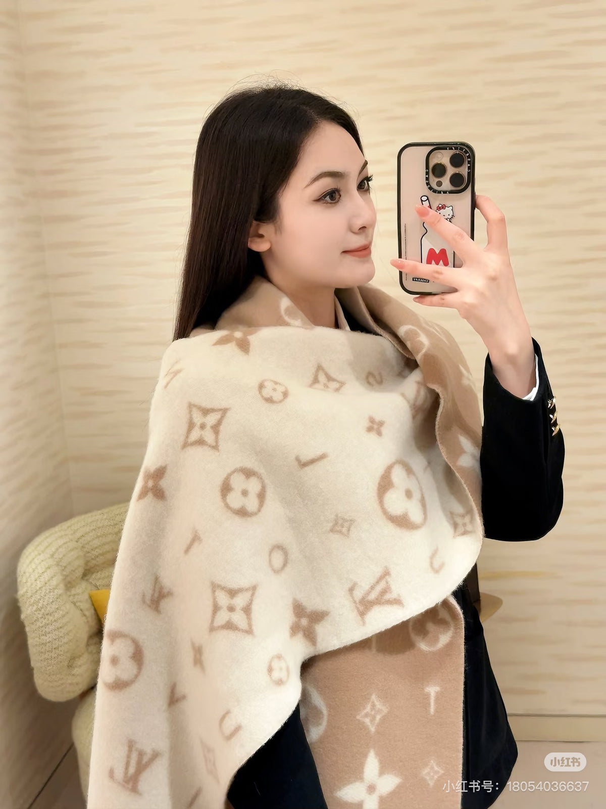 beige velvet floral Scarf for women - alternate angle view 2