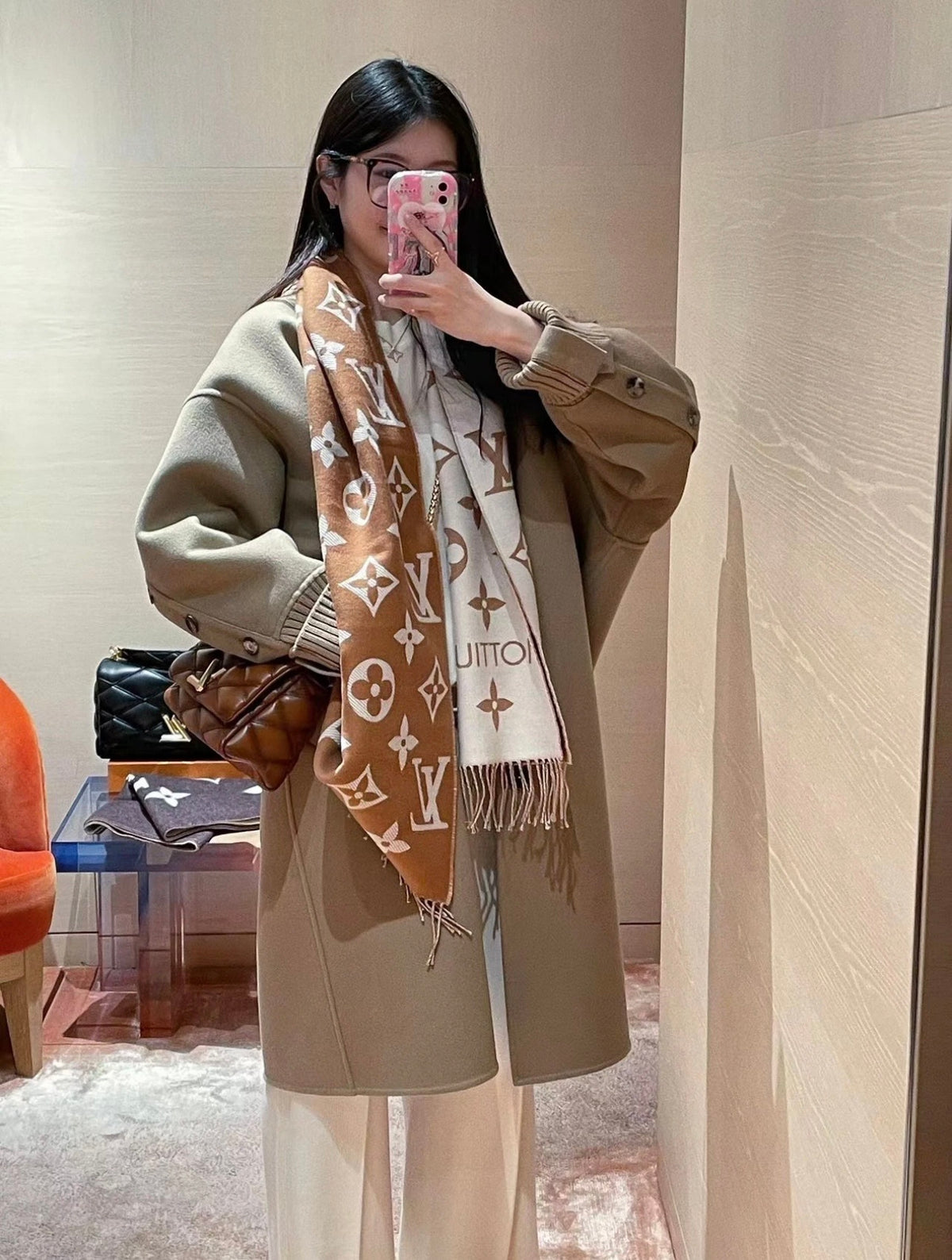 beige wool tassel Scarf for women - product detail view