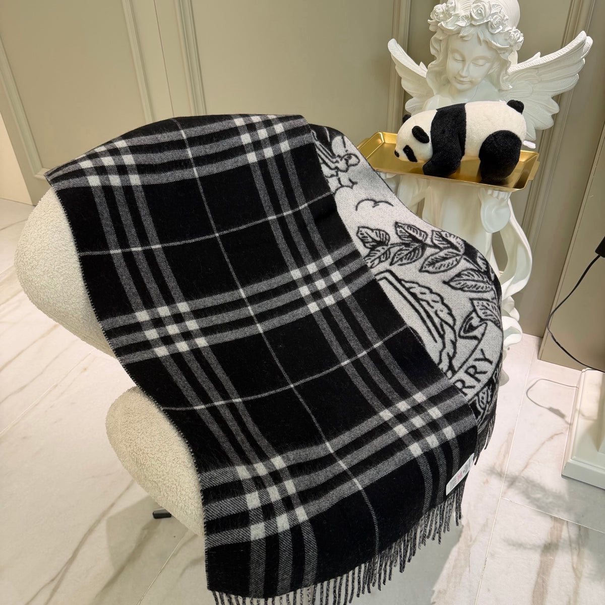 black and white velvet floral Shawl for women - alternate angle view 4