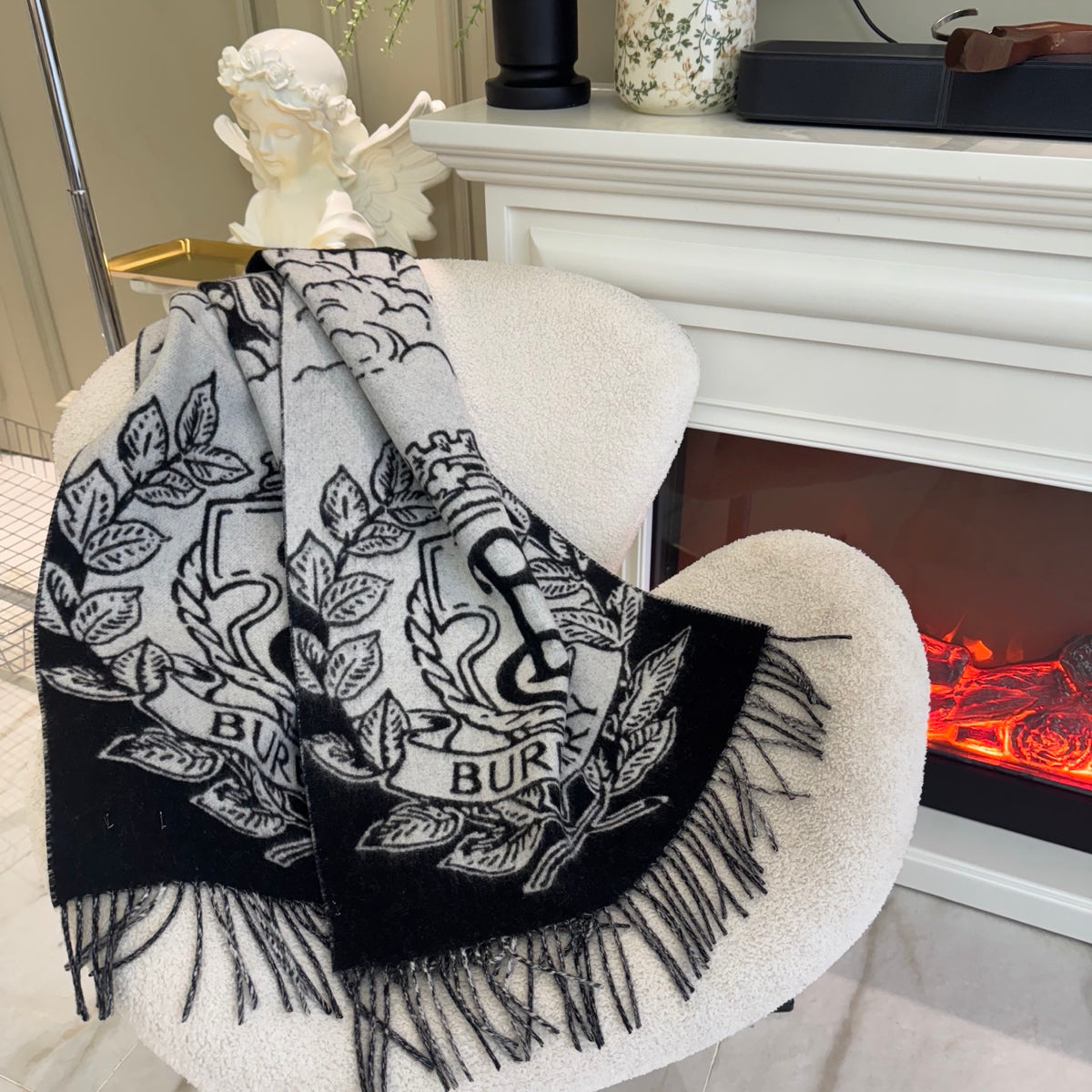 black and white velvet floral Shawl for women - alternate angle view 7