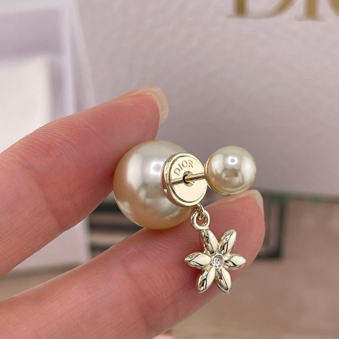 light gold pearl floral Stud Earrings for women - product detail view
