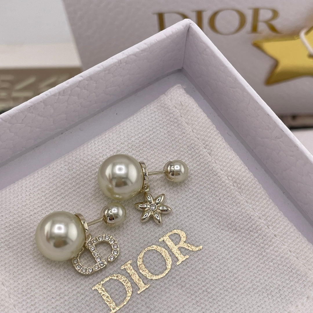 light gold pearl floral Stud Earrings for women - alternate angle view 4