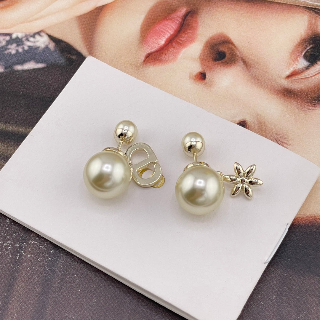light gold pearl floral Stud Earrings for women - alternate angle view 9
