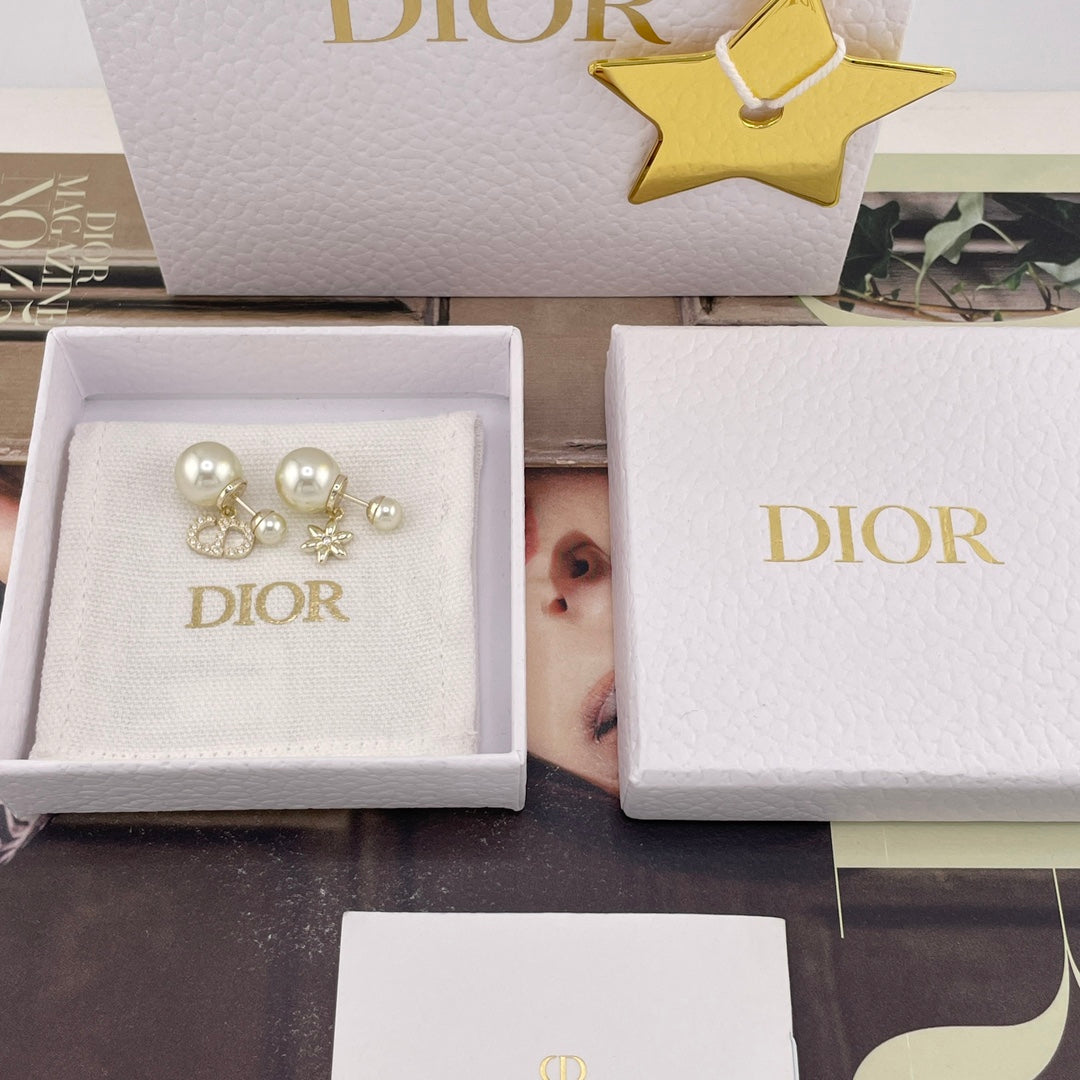 light gold pearl floral Stud Earrings for women - alternate angle view 2