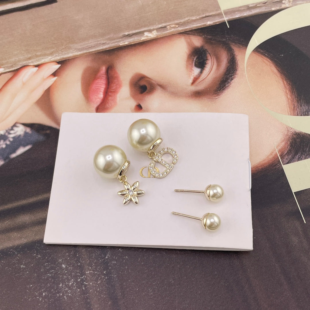 light gold pearl floral Stud Earrings for women - alternate angle view 6