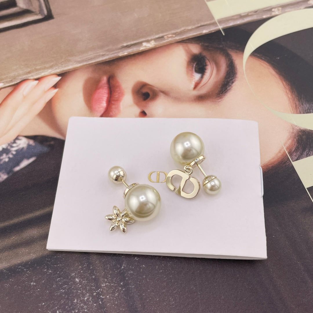 light gold pearl floral Stud Earrings for women - alternate angle view 5