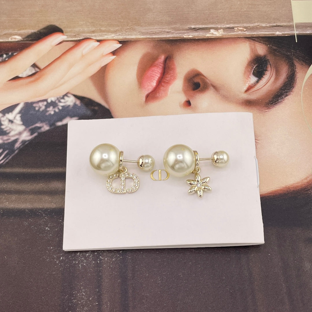 light gold pearl floral Stud Earrings for women - alternate angle view 3
