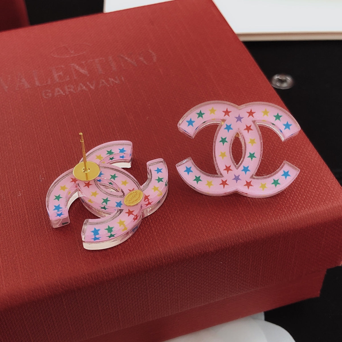 pink brass Stud Earrings for women - alternate angle view 2