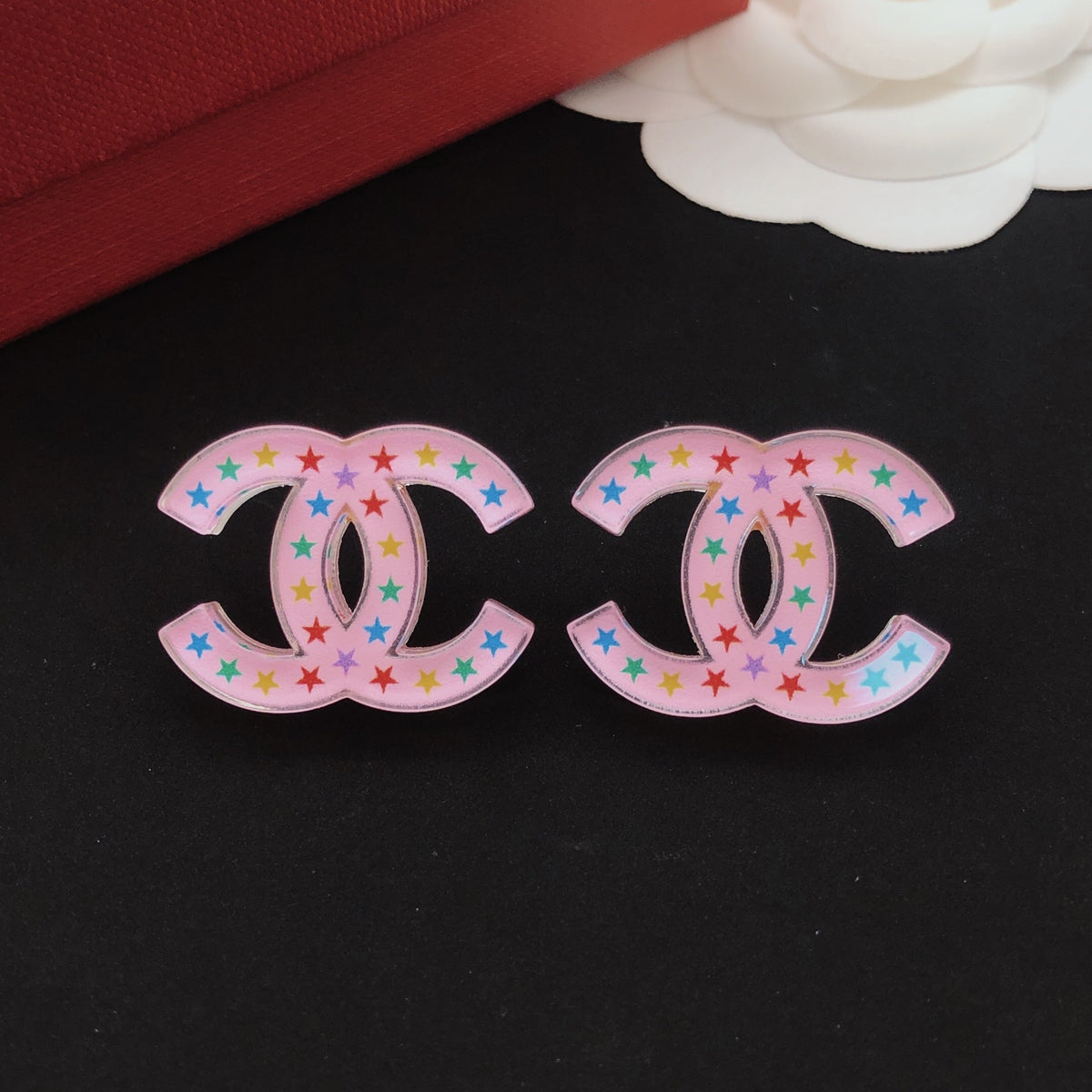 pink brass Stud Earrings for women - alternate angle view 3