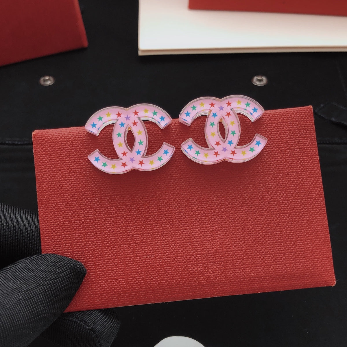 pink brass Stud Earrings for women - alternate angle view 5