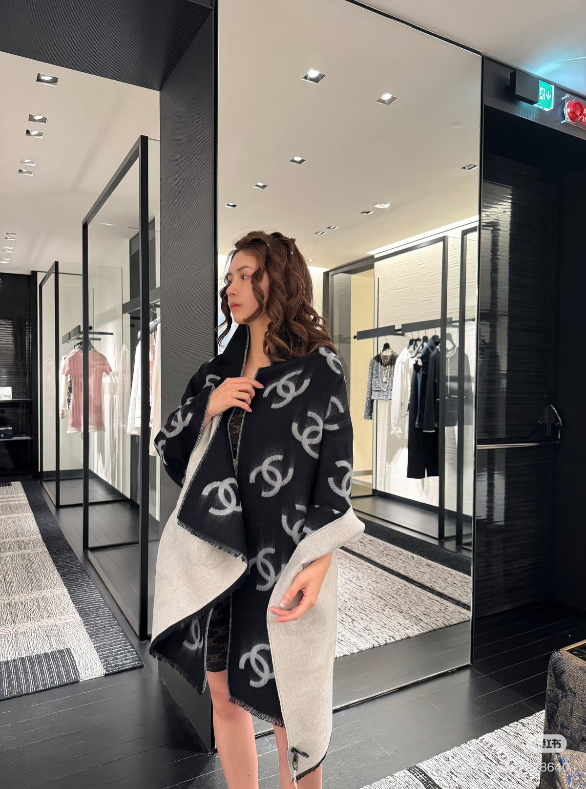 black and white wool minimalist Shawl for women - alternate angle view 3
