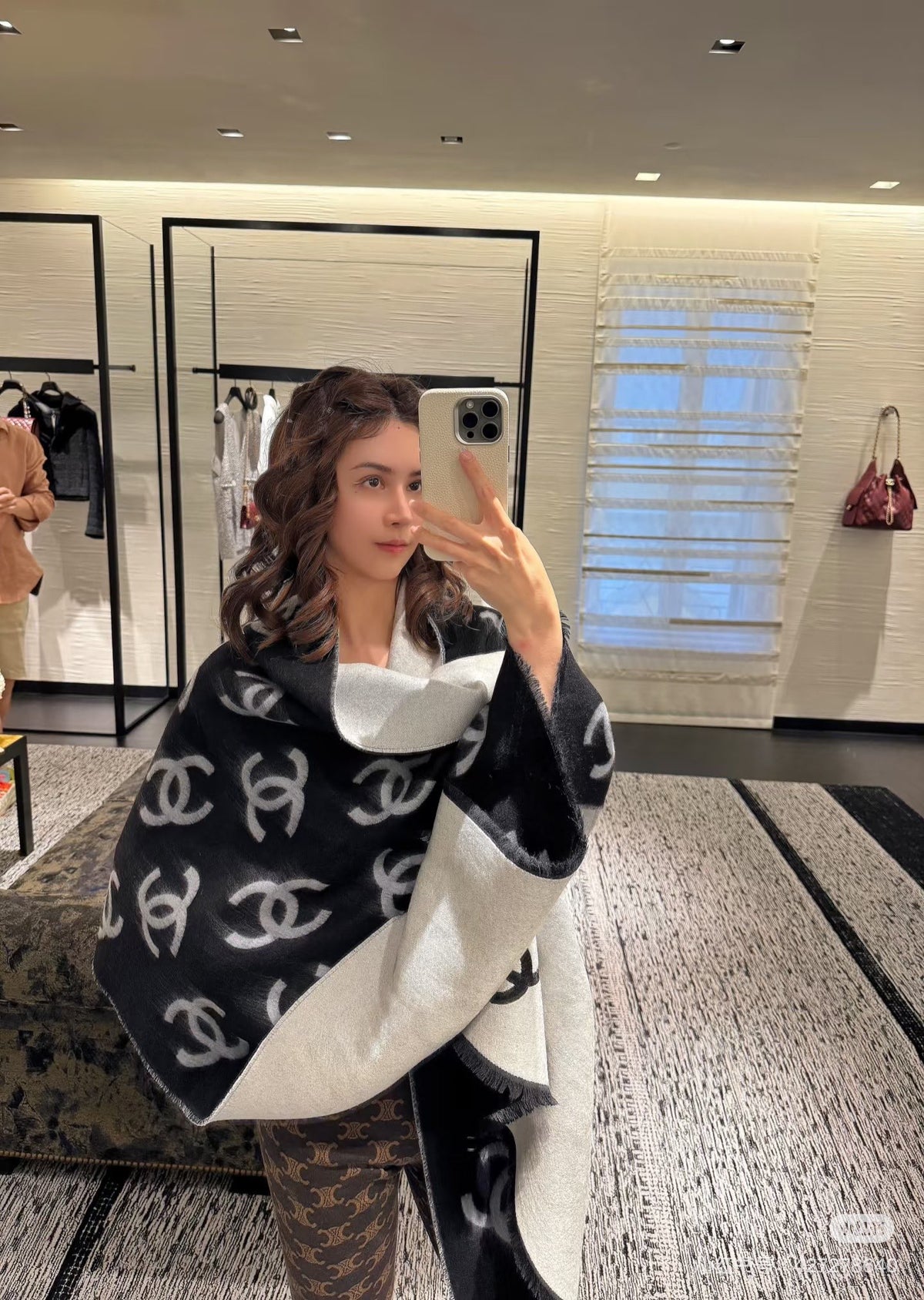 black and white wool minimalist Shawl for women - alternate angle view 4