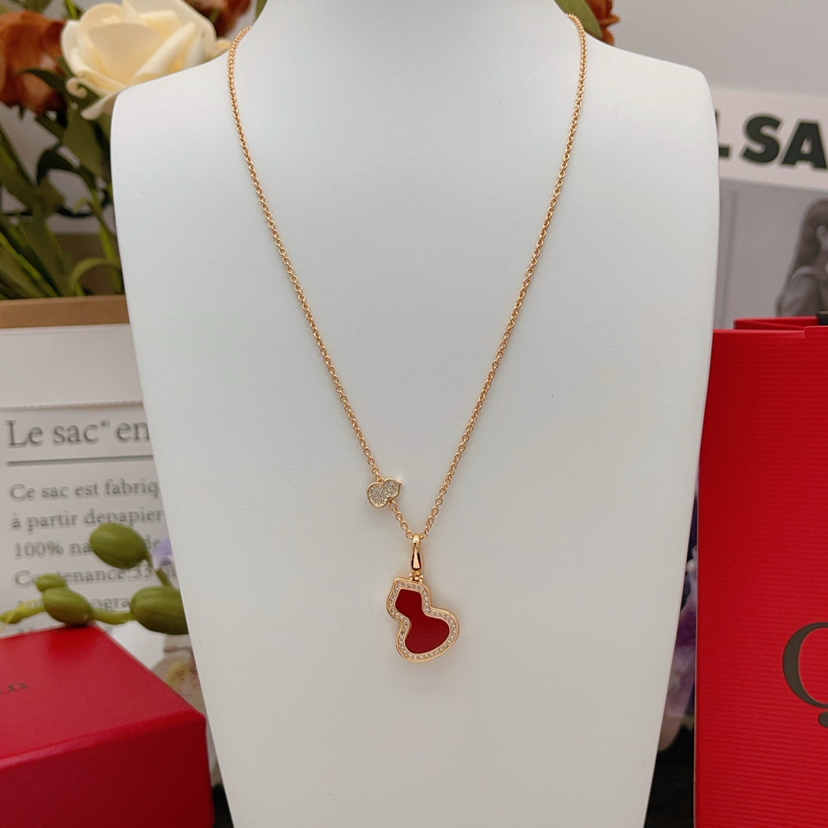 rose gold brass rose Necklace for women - alternate angle view 3