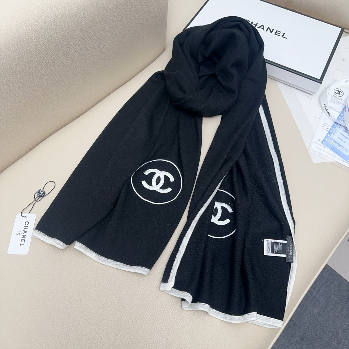 black and white velvet double c Scarf for women - alternate angle view 8