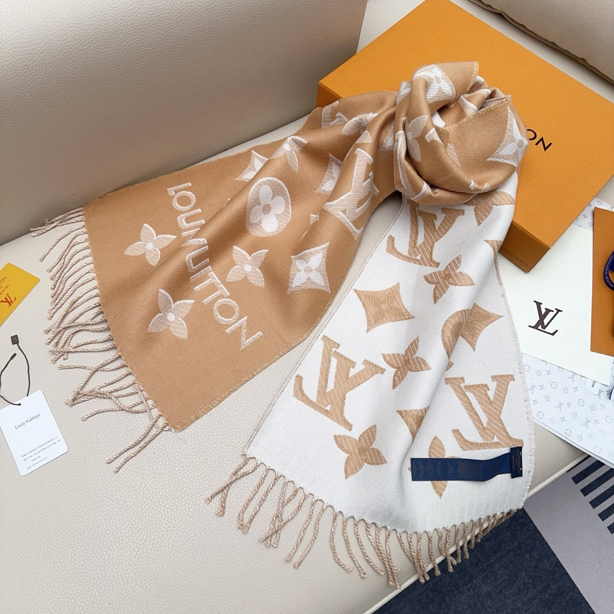 beige wool stylish Scarf for women - alternate angle view 8