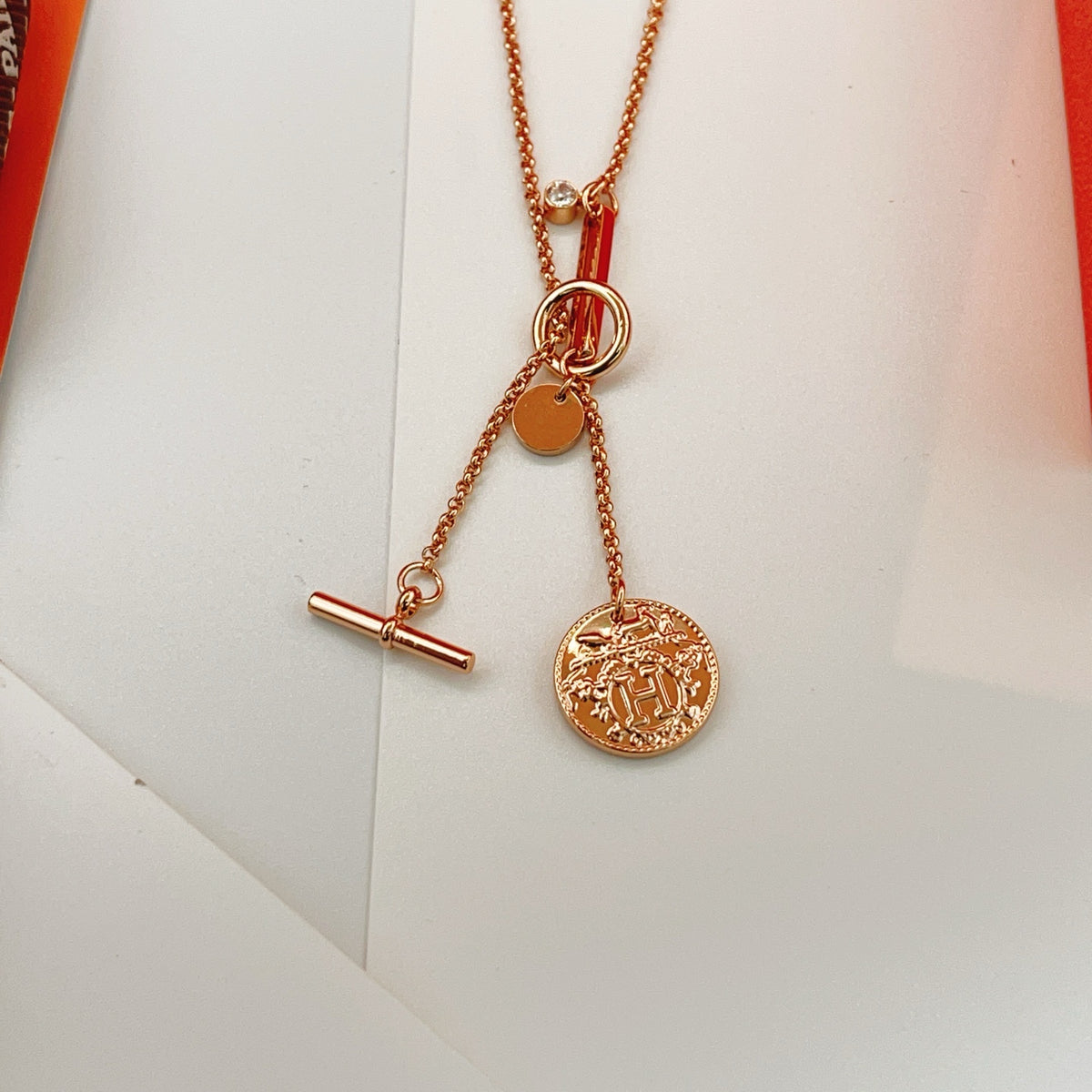 rose gold brass rose Necklace for women - alternate angle view 3