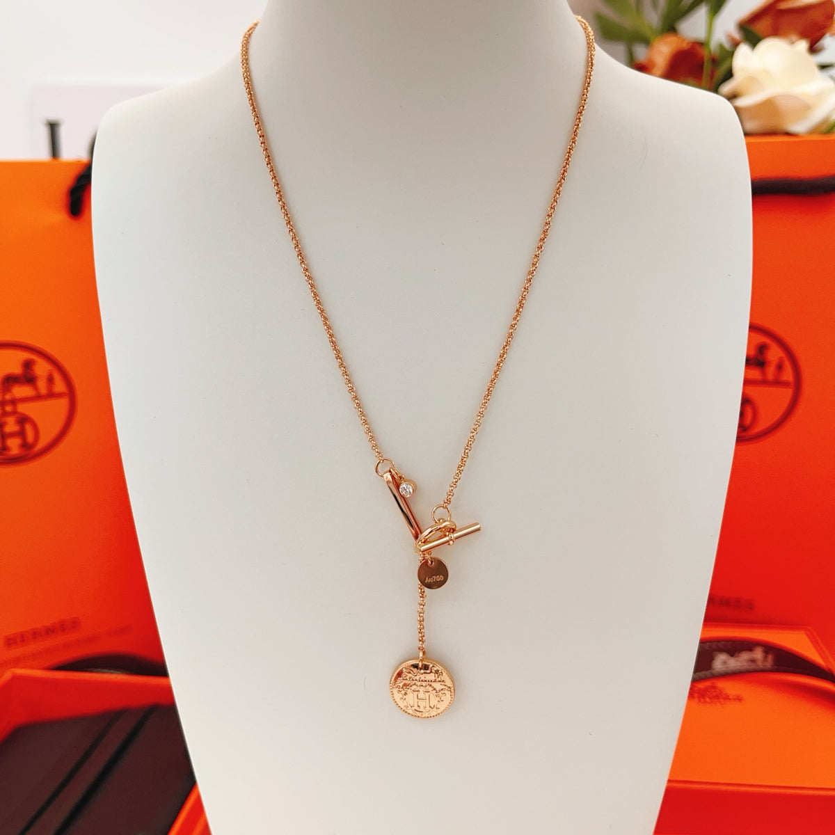 rose gold brass rose Necklace for women - product detail view