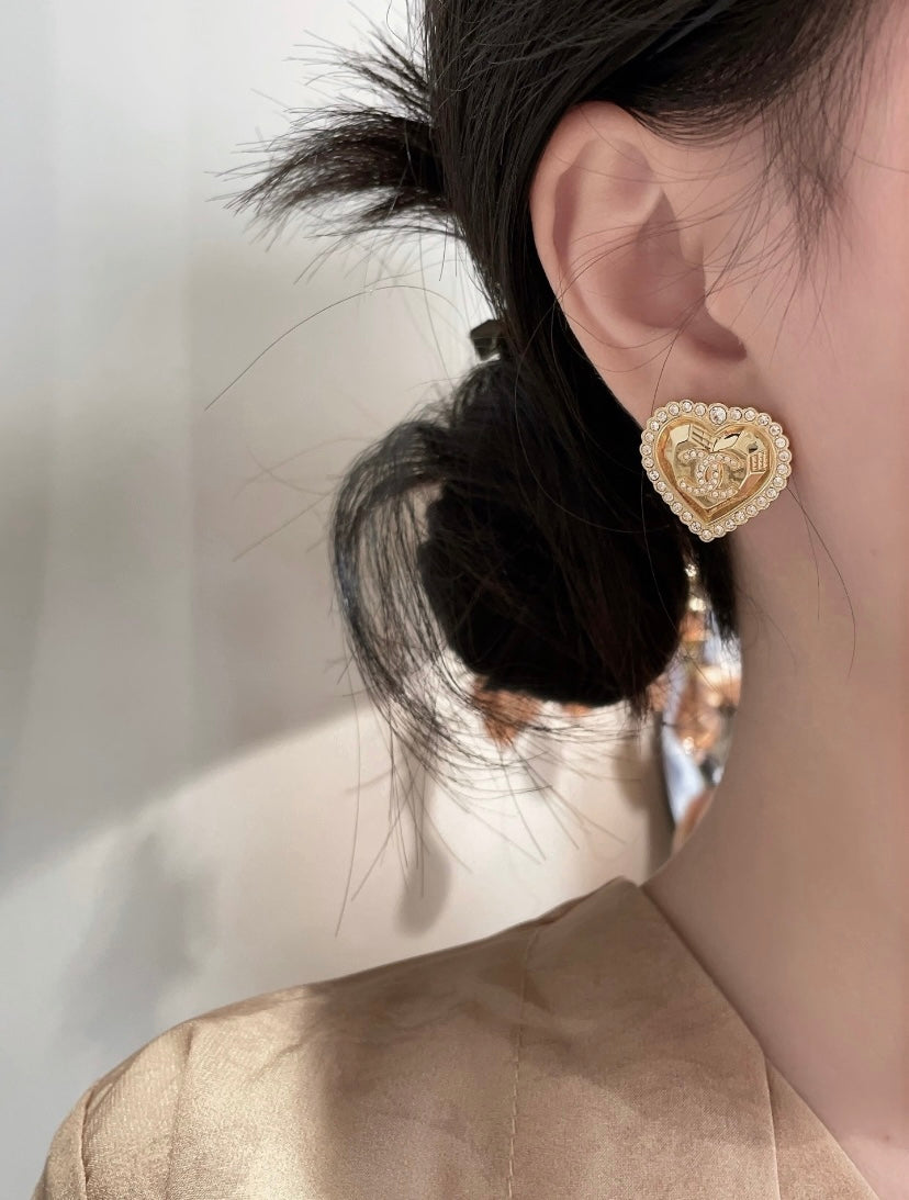 light gold crystal heart Stud Earrings for women - alternate angle view 9