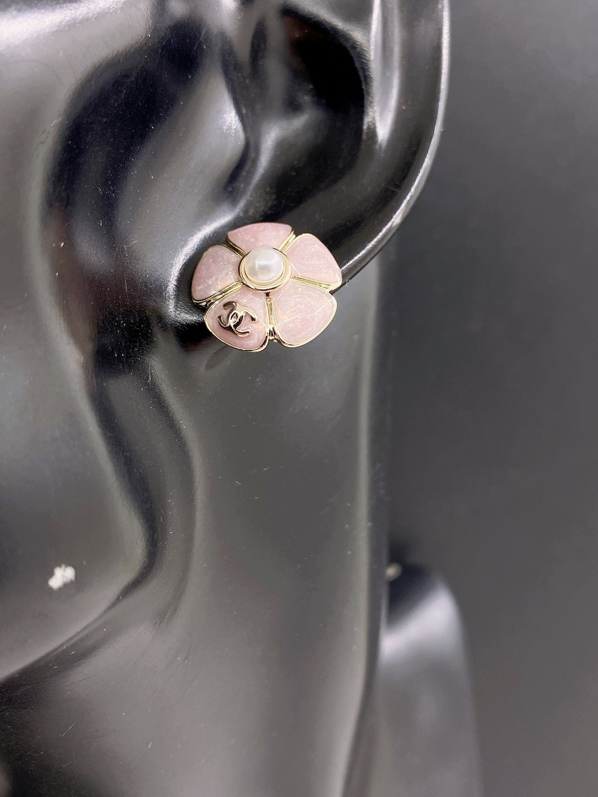 pink brass floral Stud Earrings for women - alternate angle view 2