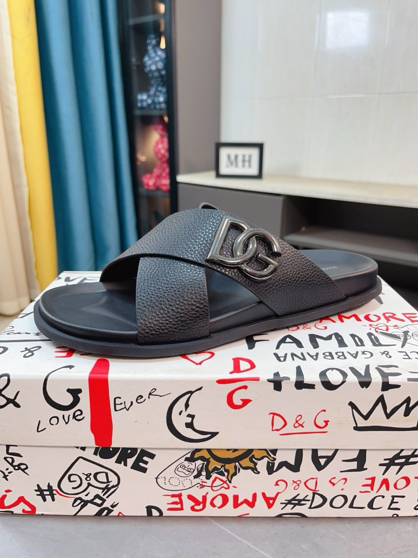 Dolce & Gabbana DG Men's Leather Strap Sandals with Aluminum Buckle