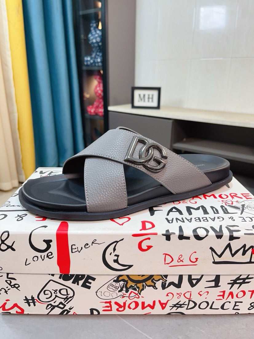Dolce & Gabbana DG Men's Leather Strap Sandals with Aluminum Buckle