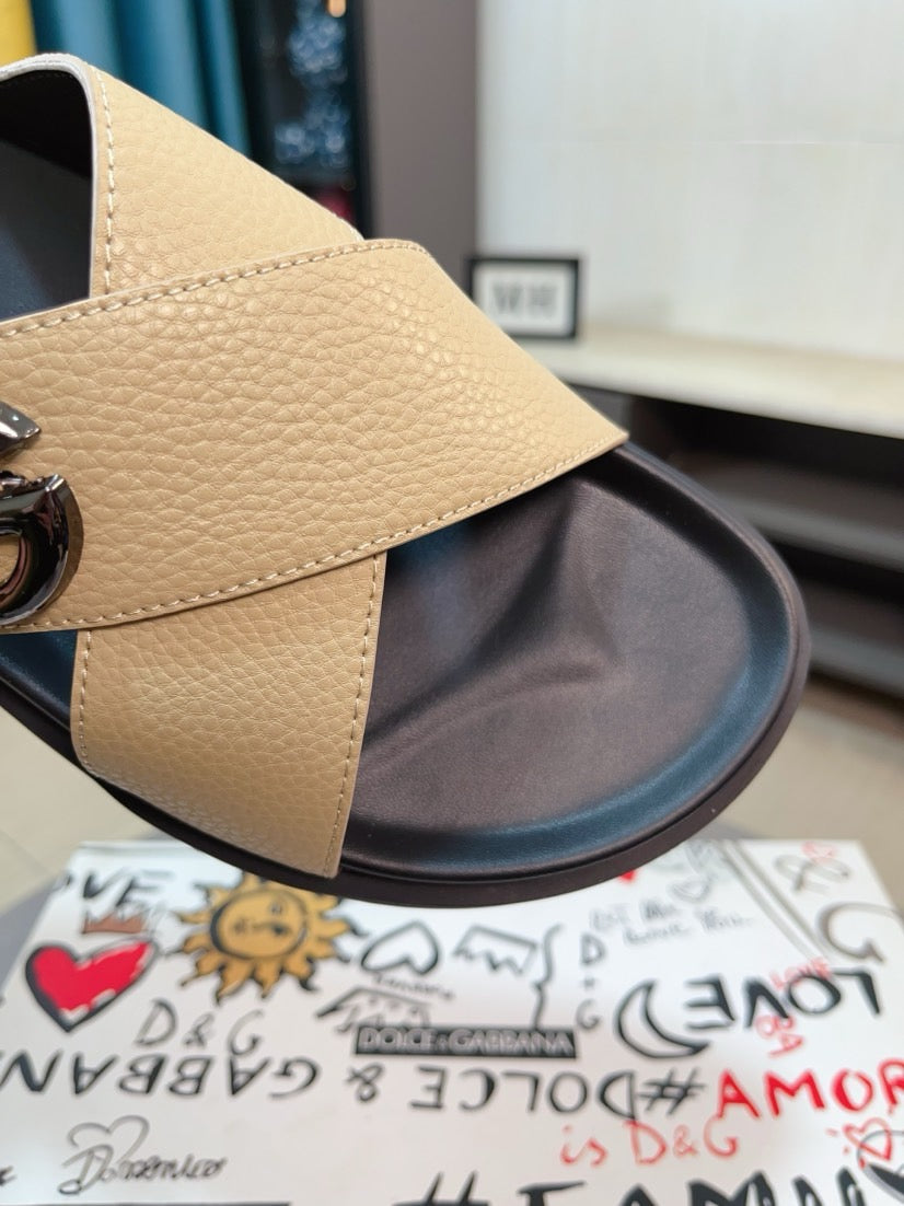 Dolce & Gabbana DG Men's Leather Strap Sandals with Aluminum Buckle
