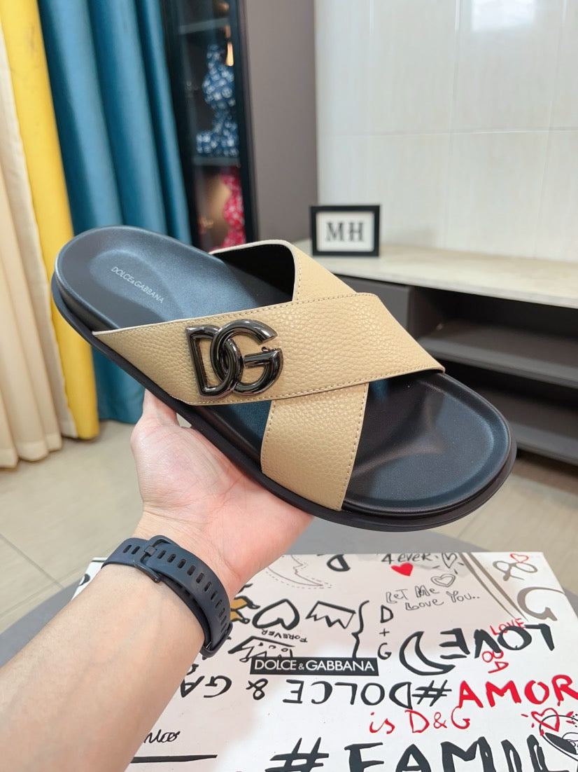 Dolce & Gabbana DG Men's Leather Strap Sandals with Aluminum Buckle