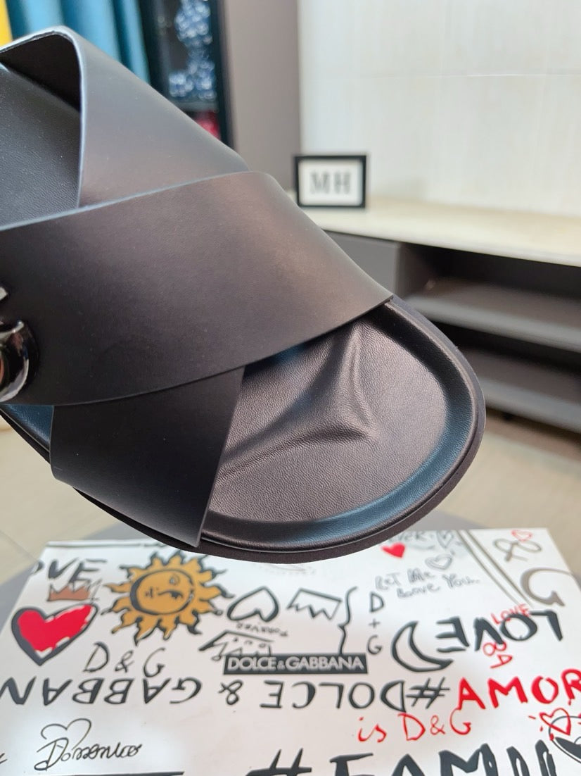 Dolce & Gabbana DG Men's Leather Strap Sandals with Aluminum Buckle