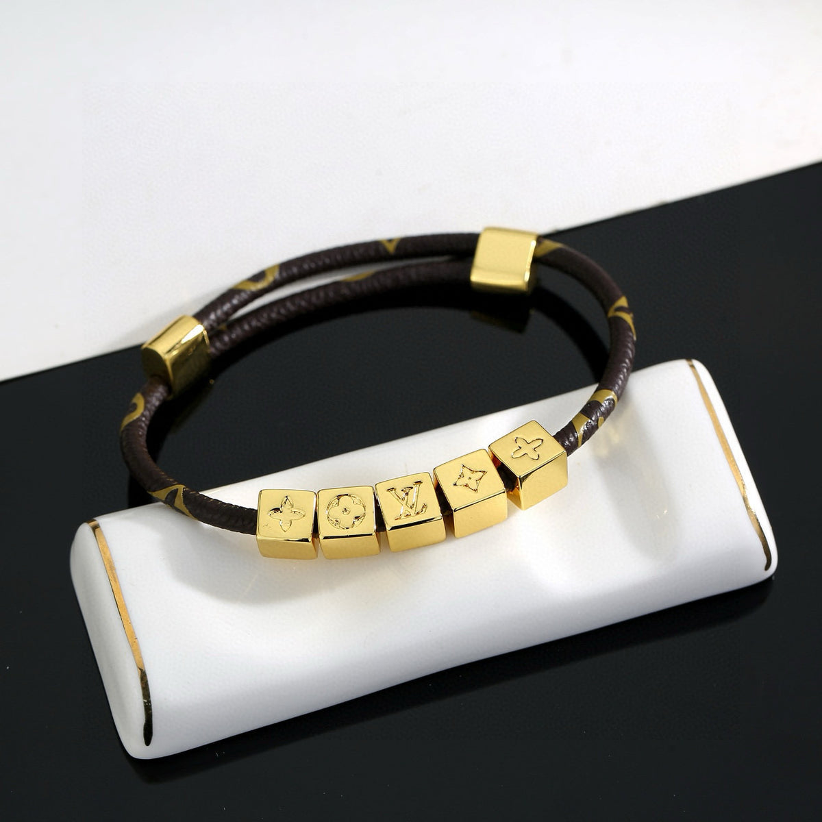gold genuine leather delicate Bracelet for men - alternate angle view 3