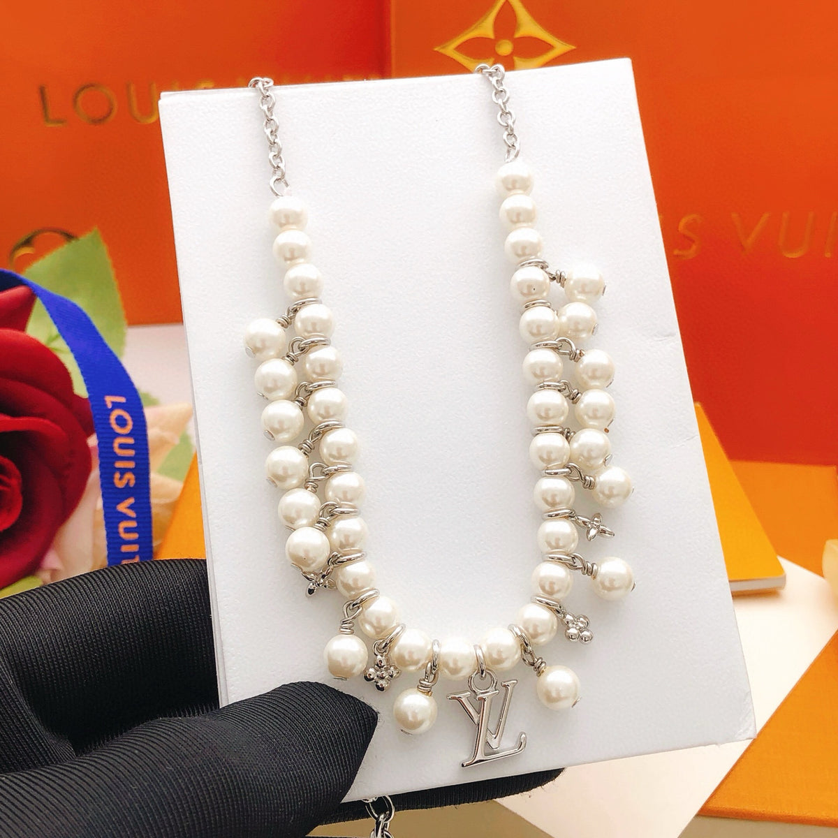 silver brass pearl Necklace for women - alternate angle view 5