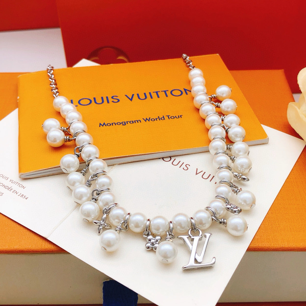 silver brass pearl Necklace for women - product detail view