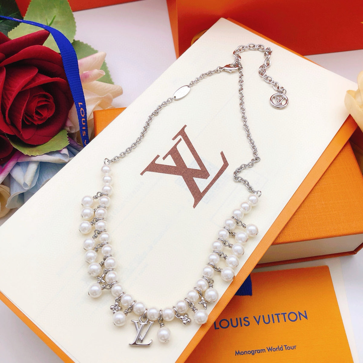 silver brass pearl Necklace for women - alternate angle view 7
