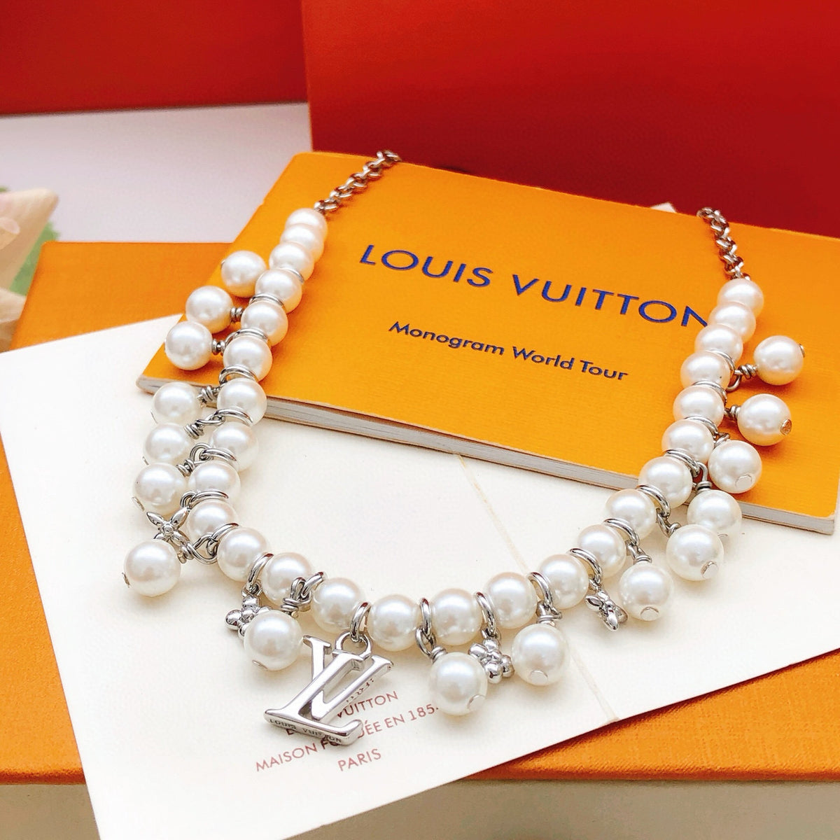 silver brass pearl Necklace for women - alternate angle view 2