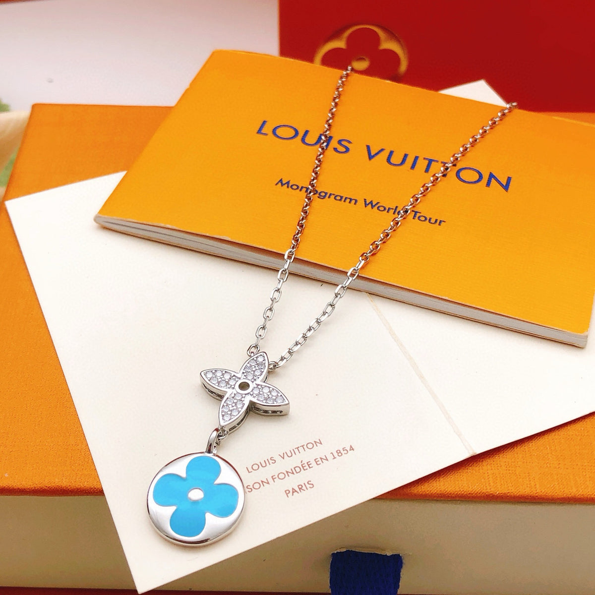blue brass tassel Necklace for women - alternate angle view 2