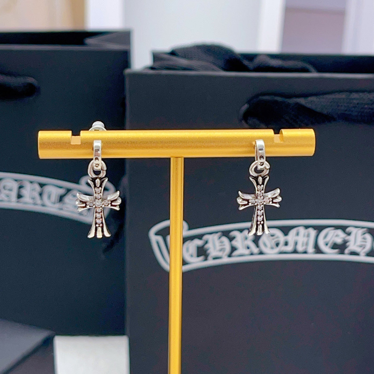 silver brass cross Stud Earrings for women - alternate angle view 5