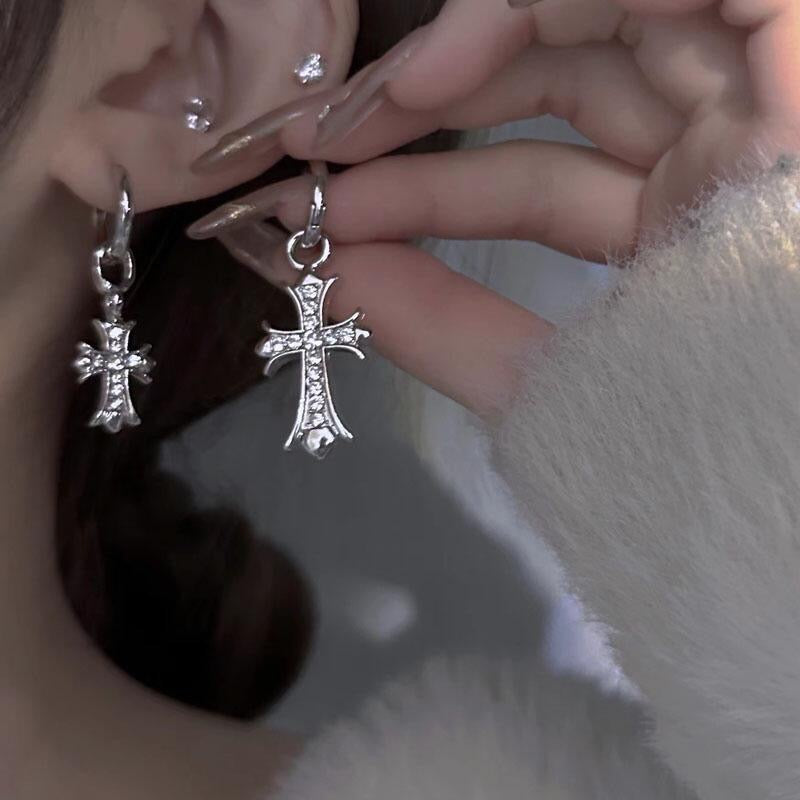 silver brass cross Stud Earrings for women - alternate angle view 10