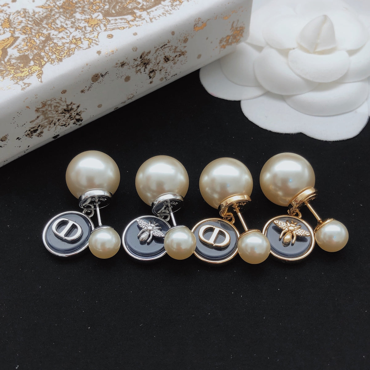 navy brass Stud Earrings for women - alternate angle view 4