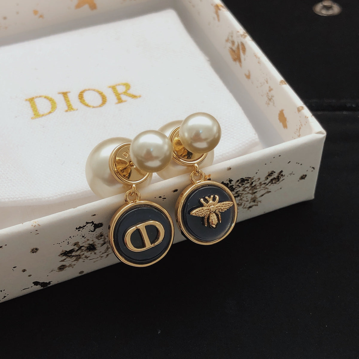 navy brass Stud Earrings for women - alternate angle view 2