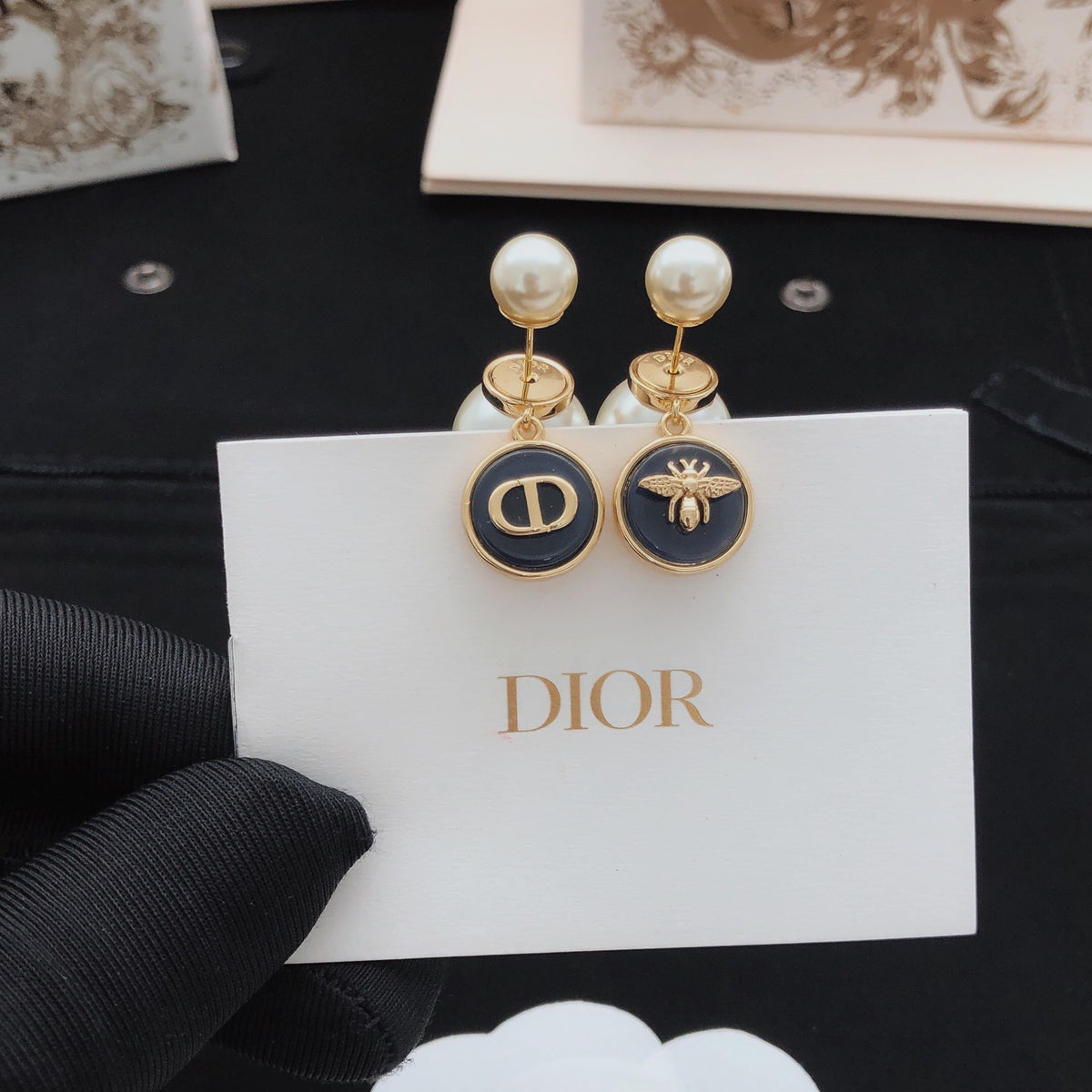 navy brass Stud Earrings for women - alternate angle view 3