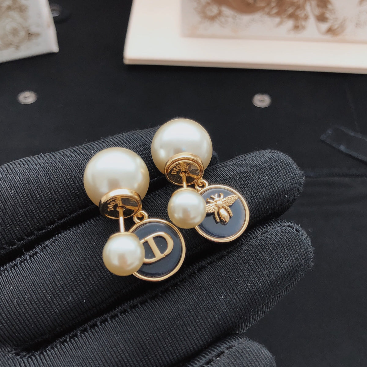 navy brass Stud Earrings for women - alternate angle view 7