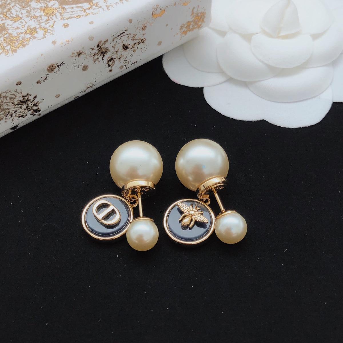 navy brass Stud Earrings for women - alternate angle view 5