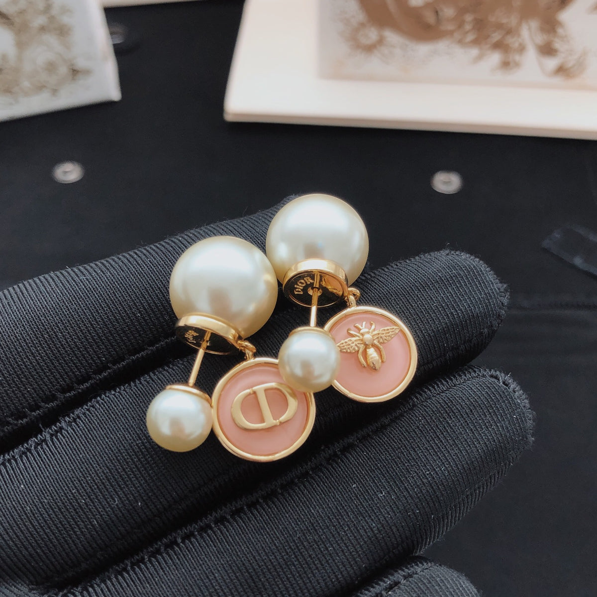 pink brass Stud Earrings for women - alternate angle view 5