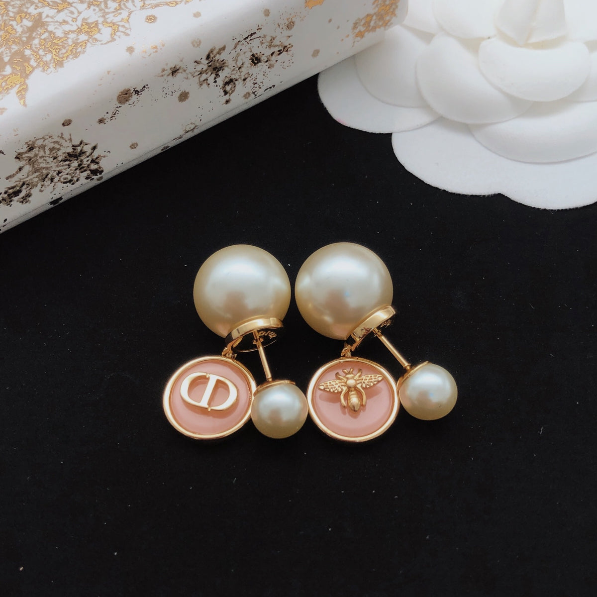 pink brass Stud Earrings for women - alternate angle view 2