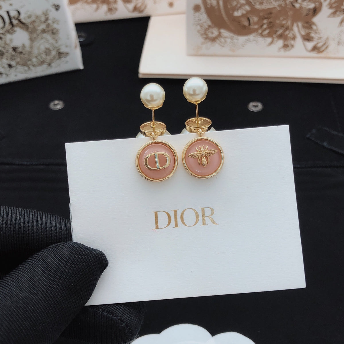 pink brass Stud Earrings for women - alternate angle view 6