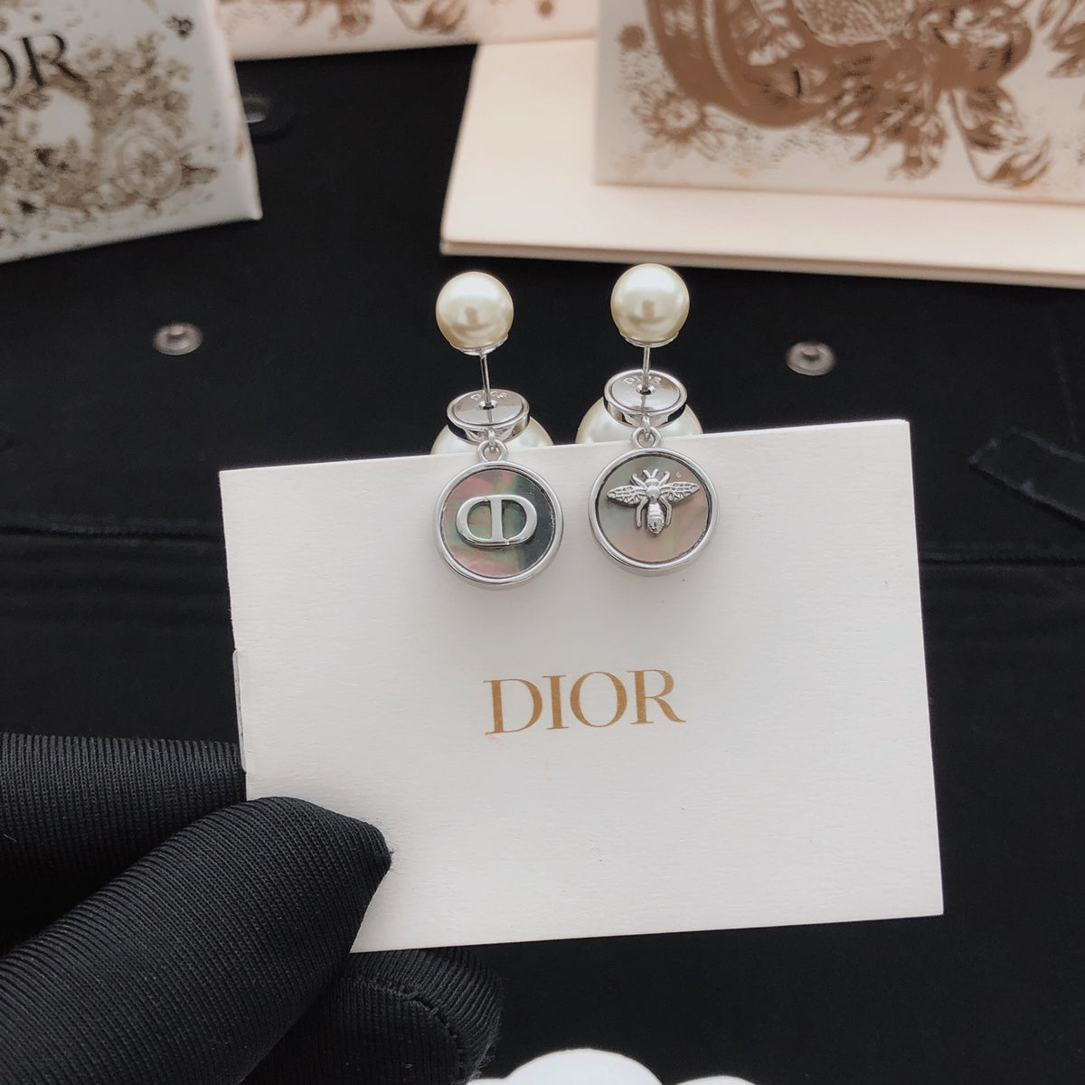 gray brass Stud Earrings for women - alternate angle view 2