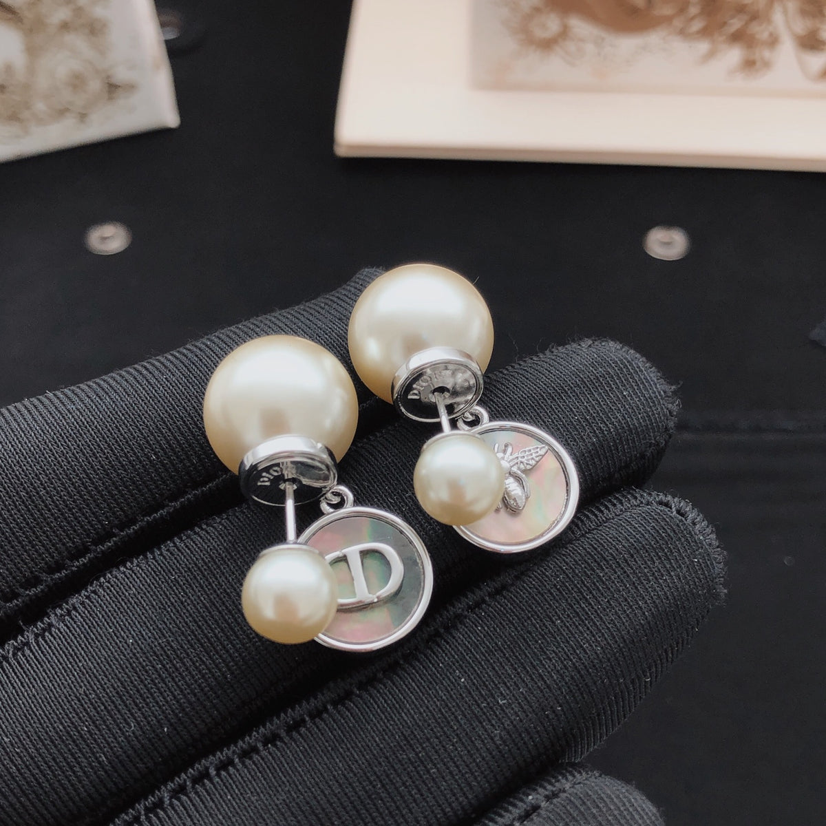 gray brass Stud Earrings for women - alternate angle view 3