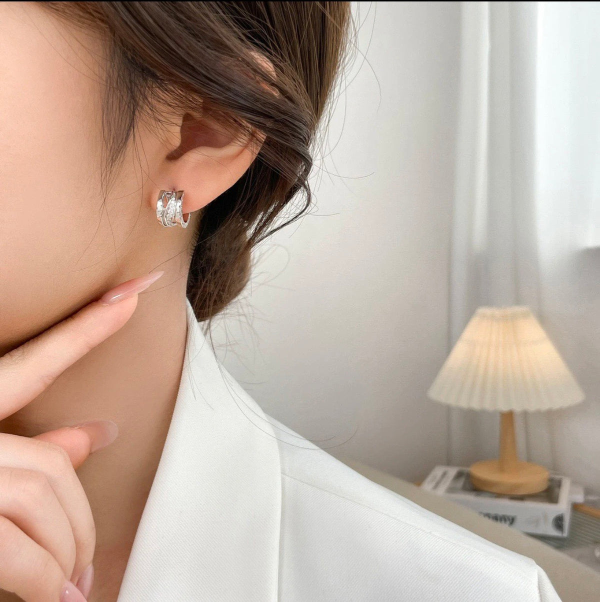 silver brass crystal inlaid Stud Earrings for women - alternate angle view 9