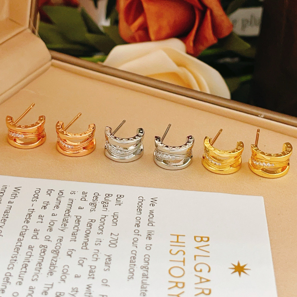silver brass crystal inlaid Stud Earrings for women - alternate angle view 6