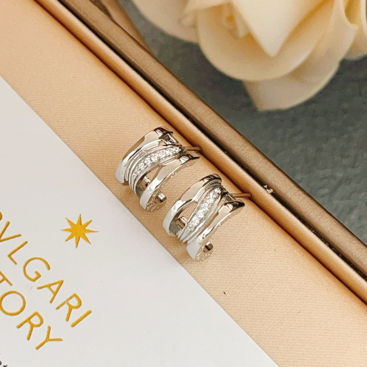 silver brass crystal inlaid Stud Earrings for women - alternate angle view 10